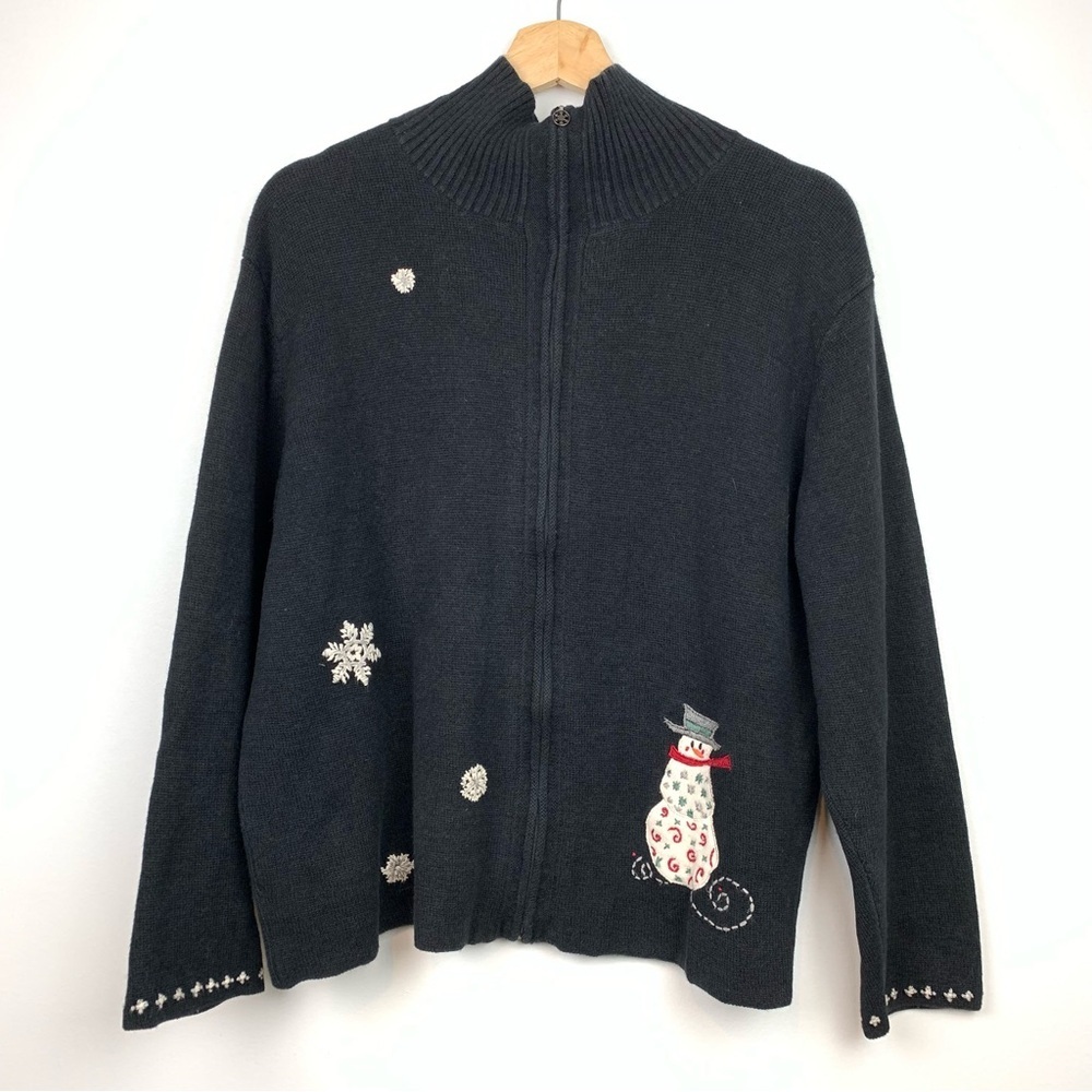 Woolrich Cardigan Full Zip Snowman Snowflakes Winter Black Sz XL Rami Cotton